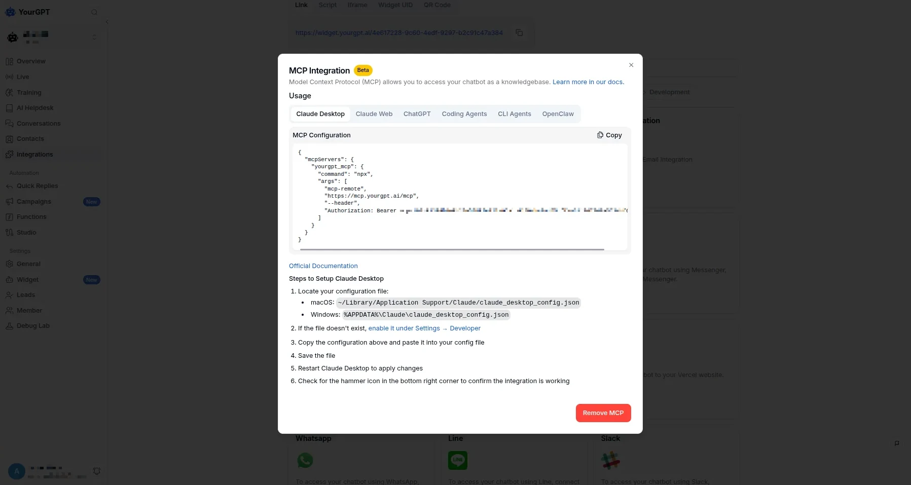 MCP Integration dialog showing the generated configuration with a copy button, client usage tabs, and step-by-step setup instructions for Claude Desktop