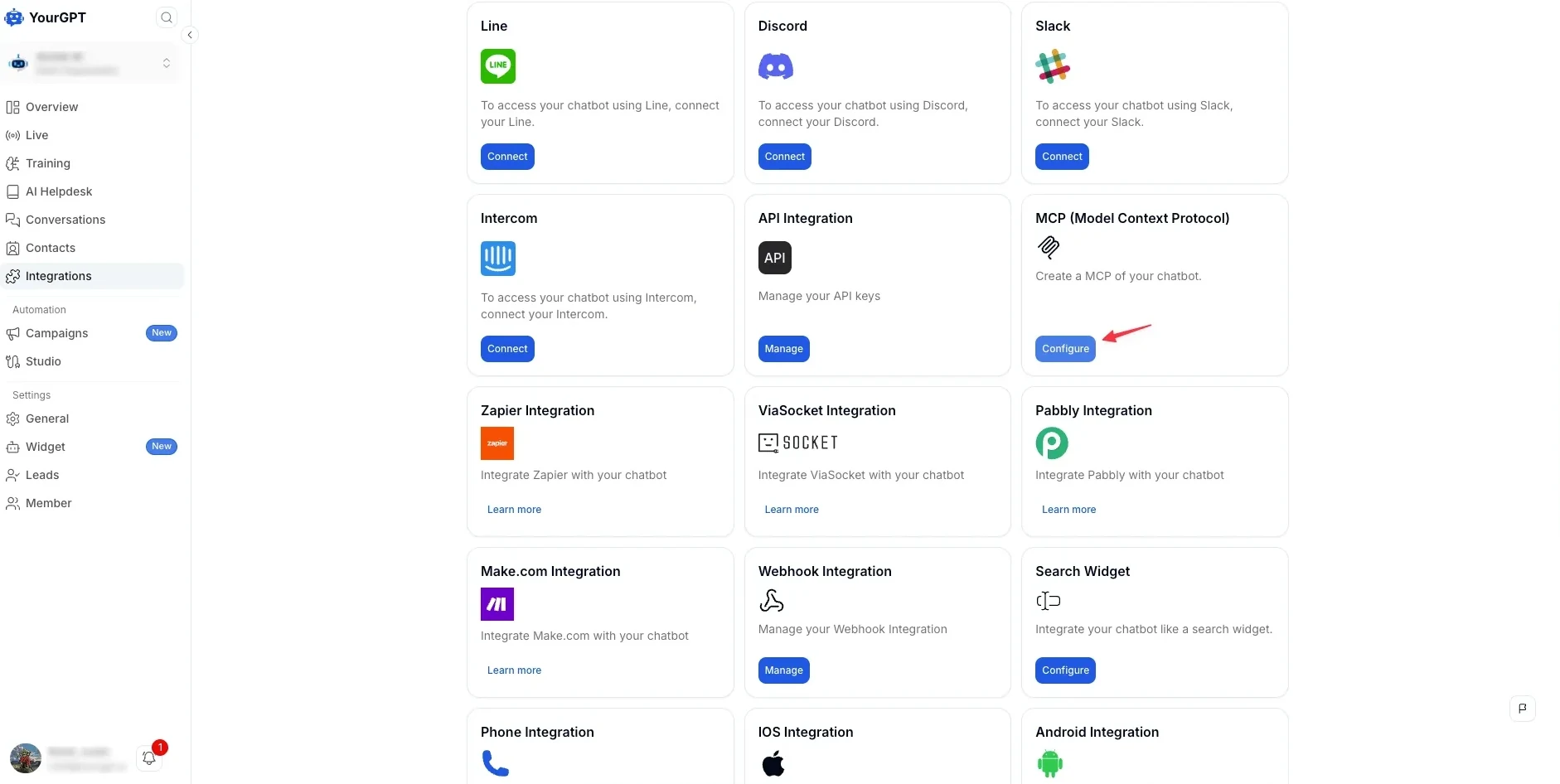 YourGPT dashboard Integrations page with the Configure button highlighted on the MCP (Model Context Protocol) card