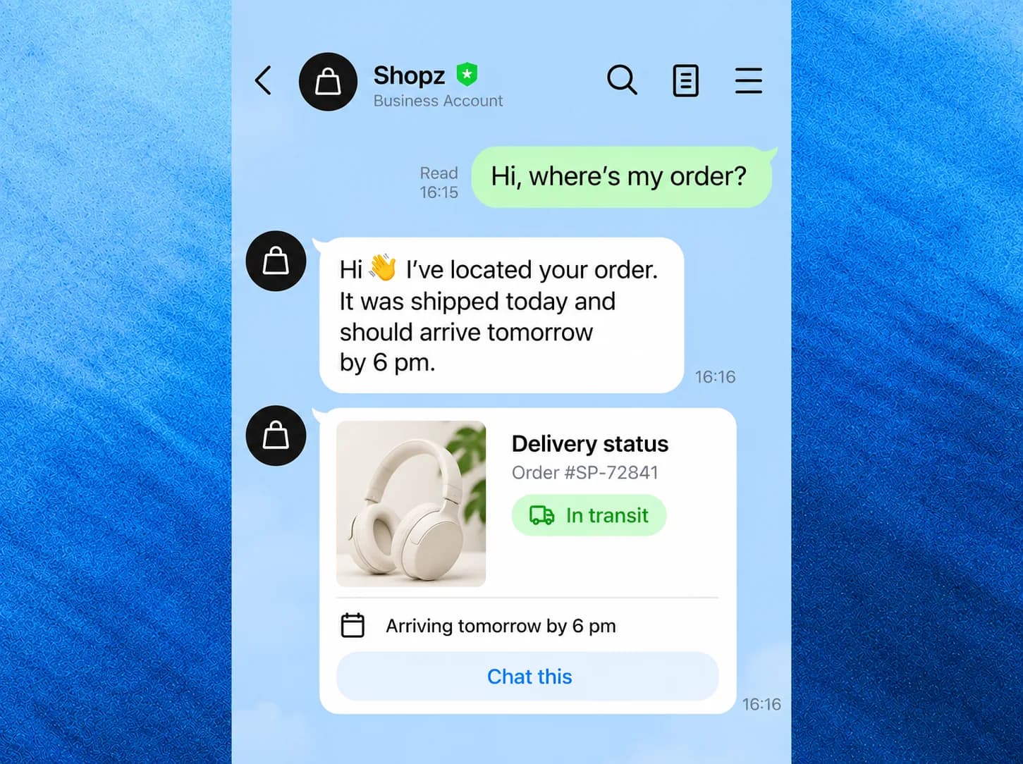 LINE chat answering where an order is and showing delivery status