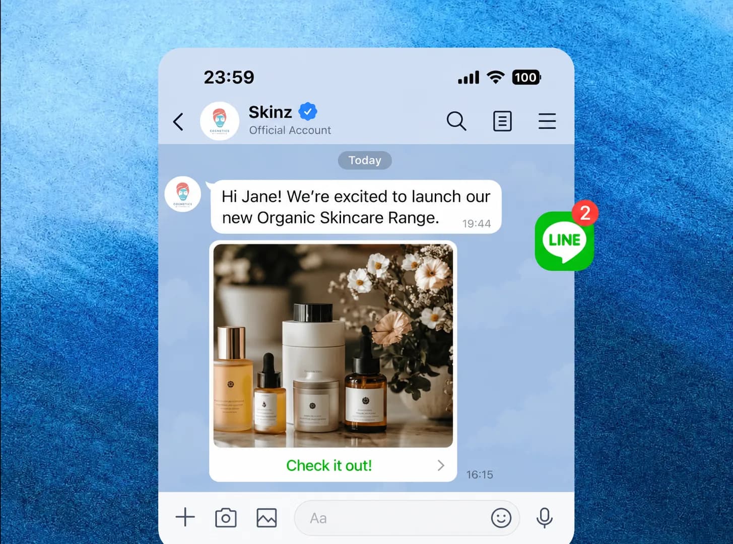 LINE Official Account sharing a new product photo with a tap to check it out