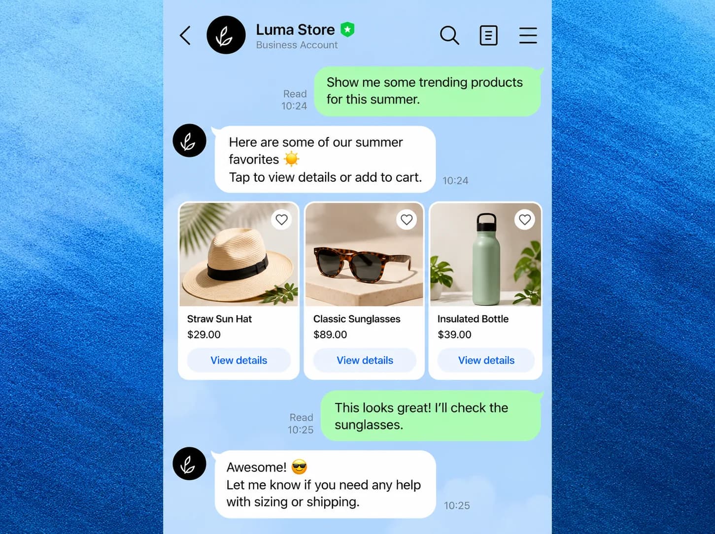 LINE chat showing summer products with prices and a tap to view details