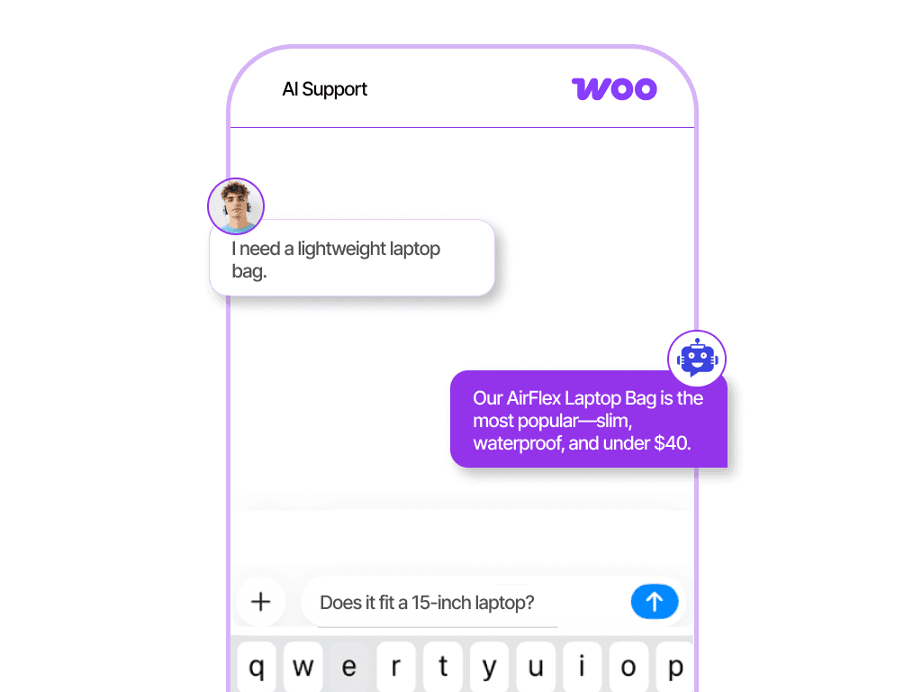 AI-powered WooCommerce chatbot interface showing automated customer support, product recommendations, and order tracking