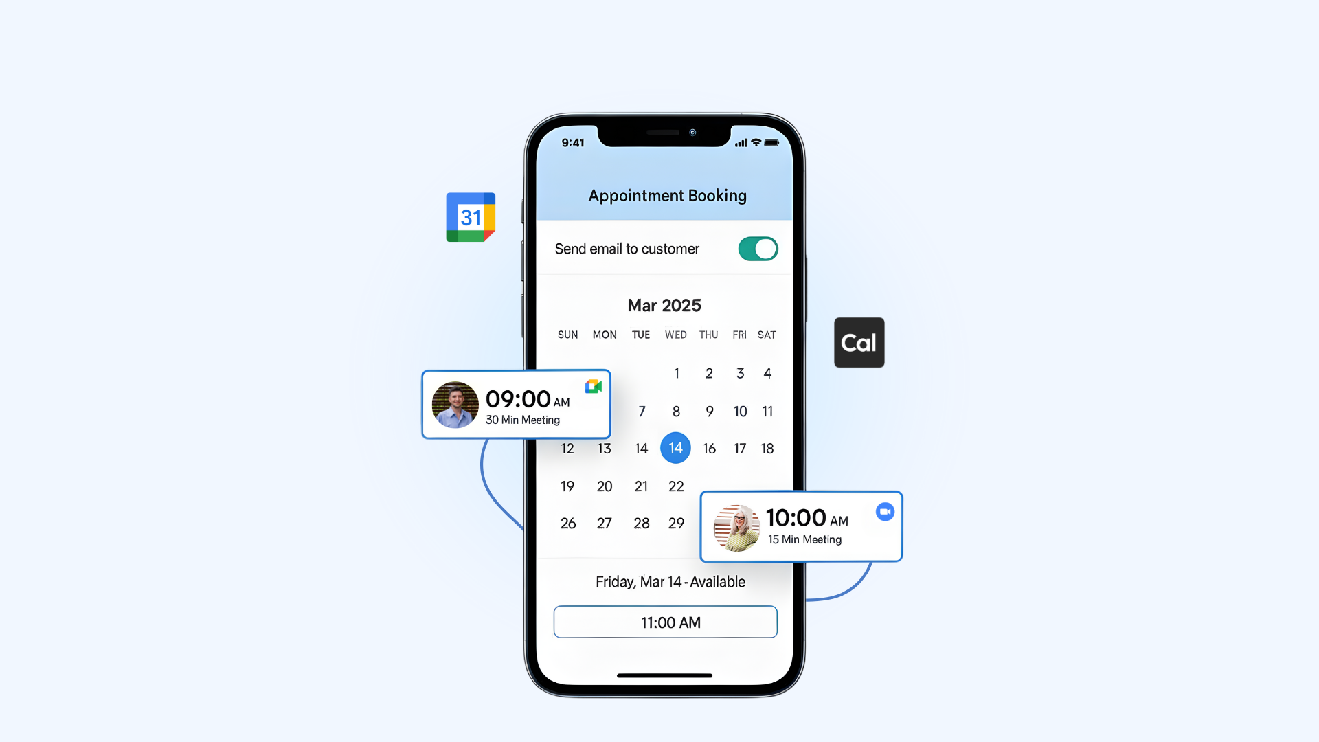 AI-powered appointment scheduling interface showing calendar integration and automated booking system