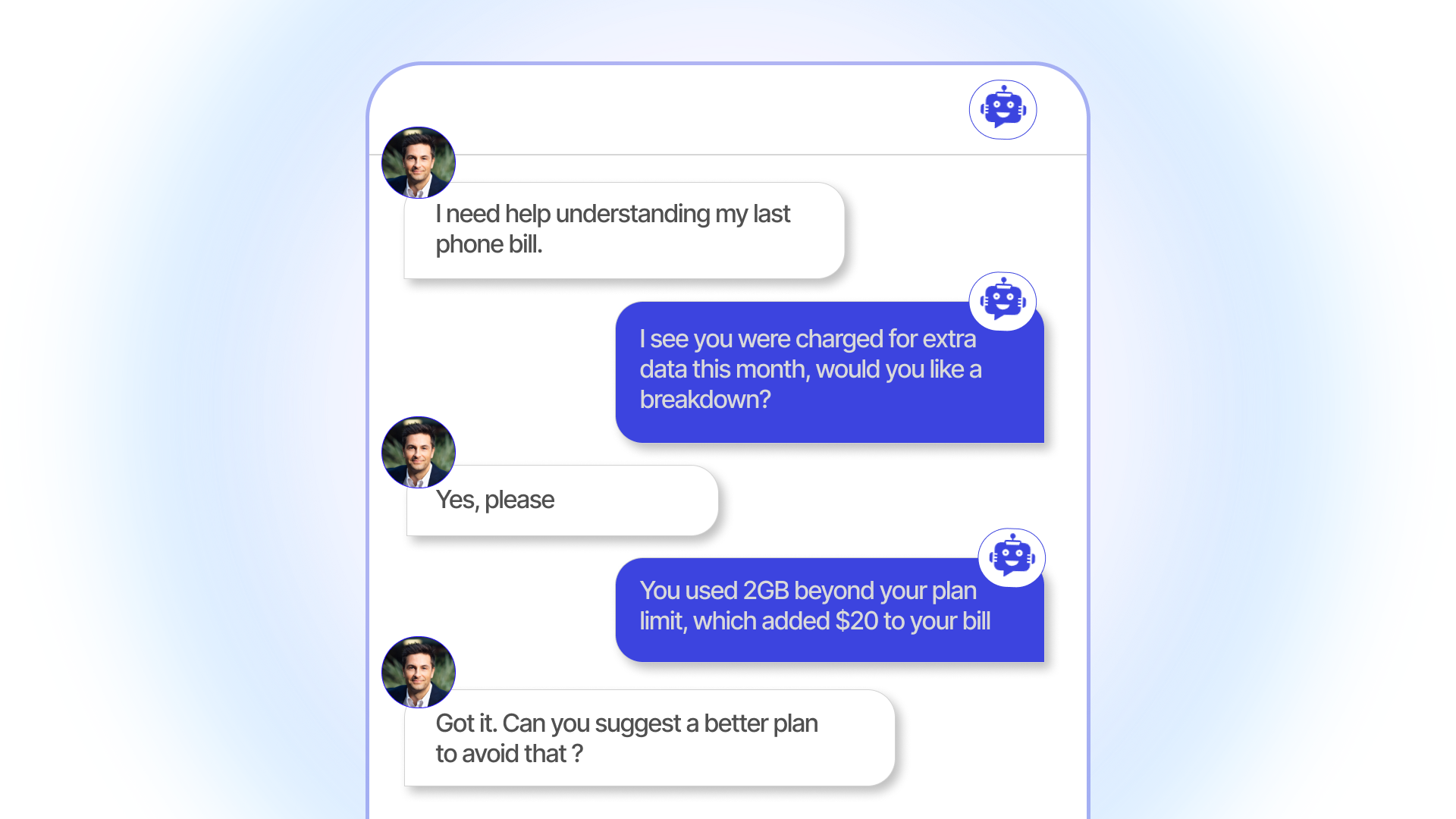 YourGPT AI chatbot understands everyday telecom requests - step 1 workflow demonstration