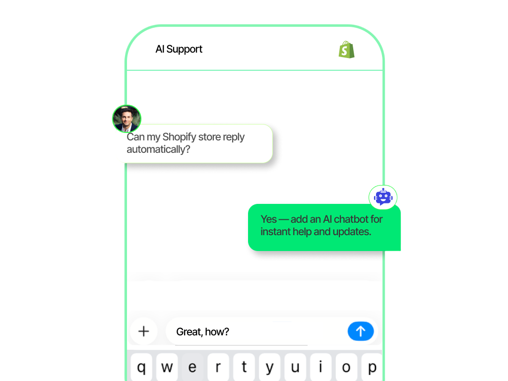 AI-powered Shopify chatbot interface showing automated customer support, product recommendations, and order tracking