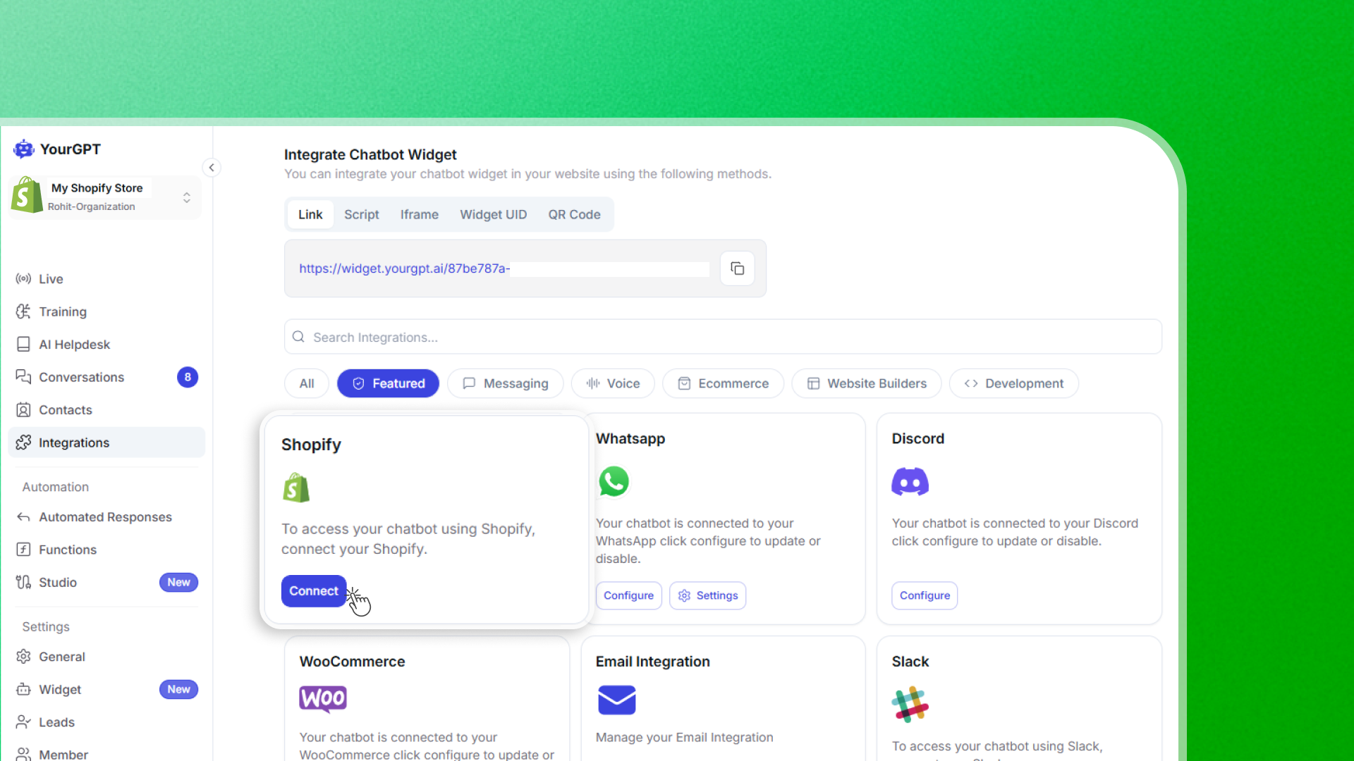YourGPT Shopify connect your shopify store - step 1 workflow demonstration