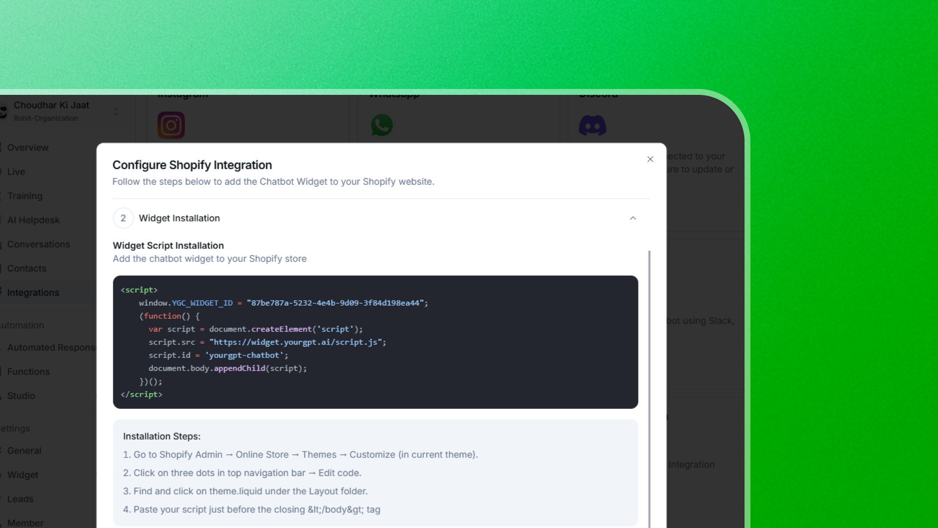 YourGPT Shopify install the widget on your theme - step 3 workflow demonstration