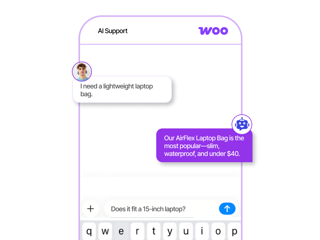 AI-powered WooCommerce chatbot interface showing automated customer support, product recommendations, and order tracking