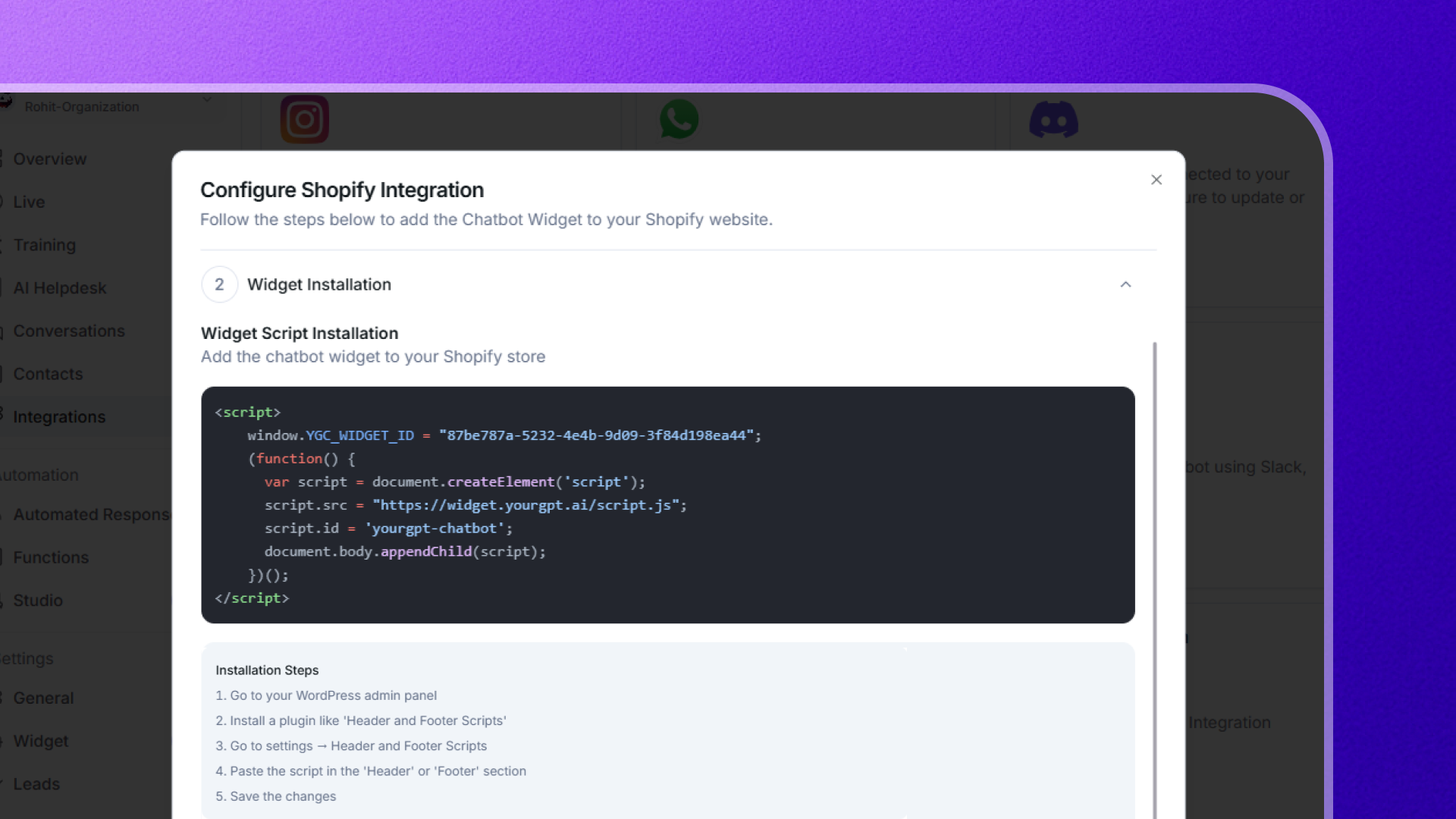YourGPT WooCommerce install the widget on your theme - step 3 workflow demonstration